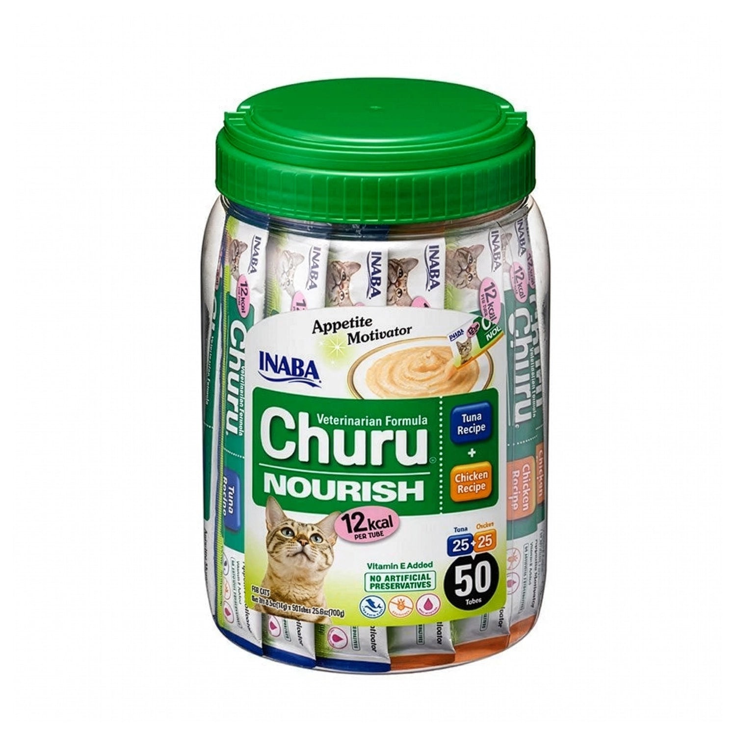 Snack Churu Vet Nourish para Gatos 50 Tubos en frasco verde, premios cremosos con pollo y atún para gatos.