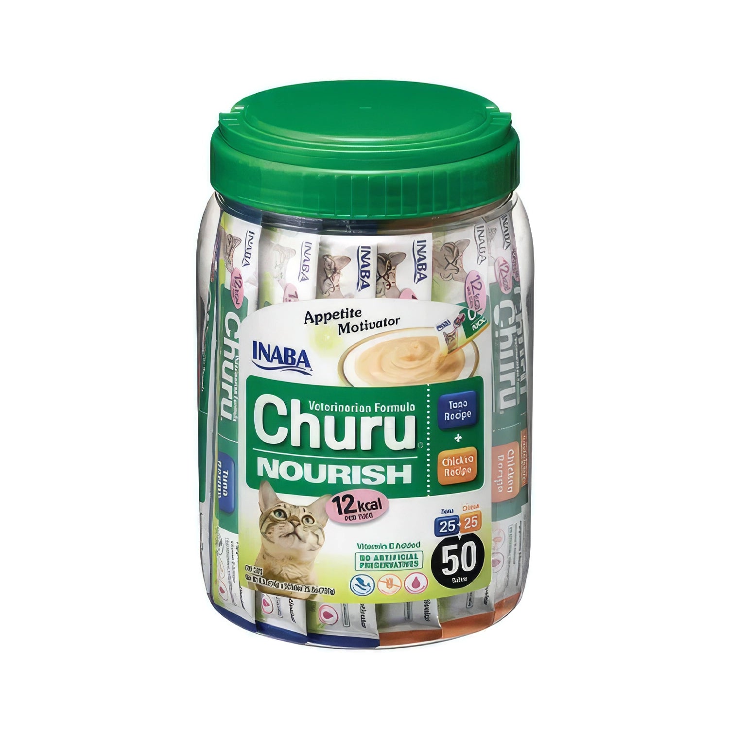 Snack Churu Vet Nourish para Gatos en frasco con 50 tubos cremosos, fórmula veterinaria, imagen de gato y tapa verde.