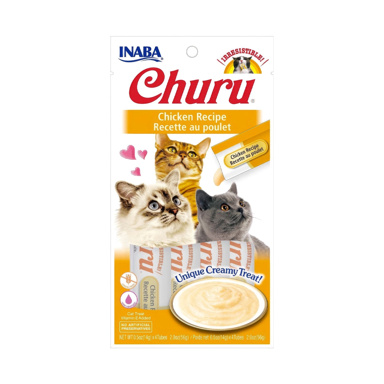 Snack Churu Pollo para Gatos en paquete con 4 tubos de premio cremoso sabor pollo, ilustración de gatos y plato de snack.