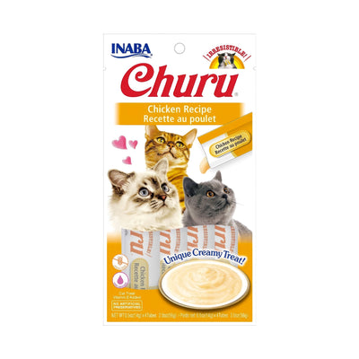 Snack Churu Pollo para Gatos en paquete con 4 tubos de premio cremoso sabor pollo, ilustración de gatos y plato de snack.