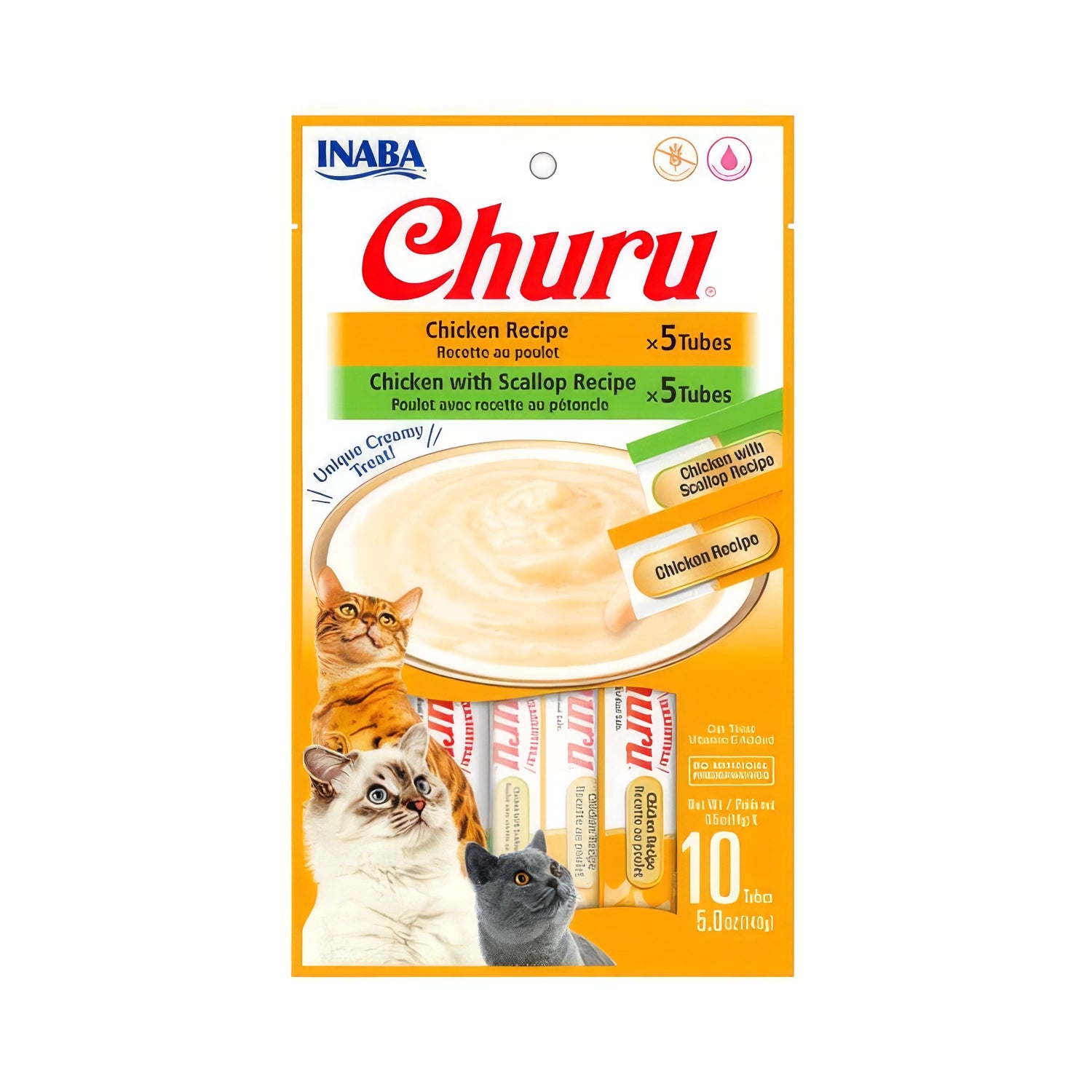 Snack Churu Pollo + Pollo y Ostión para Gatos 10 Tubos, pack surtido con premios cremosos, gatos ilustrados y tubos visibles.