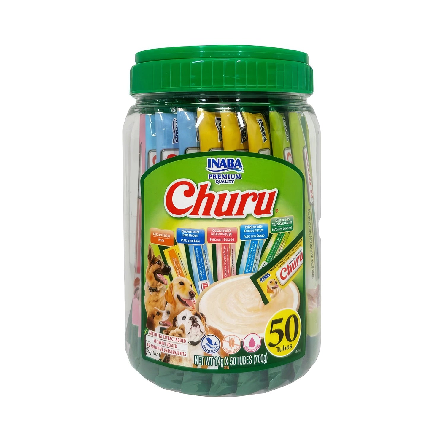 Snack Churu Variedades de Pollo para Perros 50 tubos en frasco transparente, surtido de sabores, premios cremosos y perros en etiqueta.