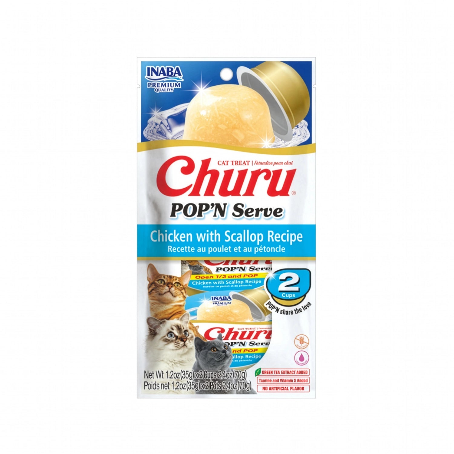 Churu Pop'n Serve Pollo con Ostiones en envase de dos porciones individuales para gatos, con imagen del snack y tres gatos en el empaque.