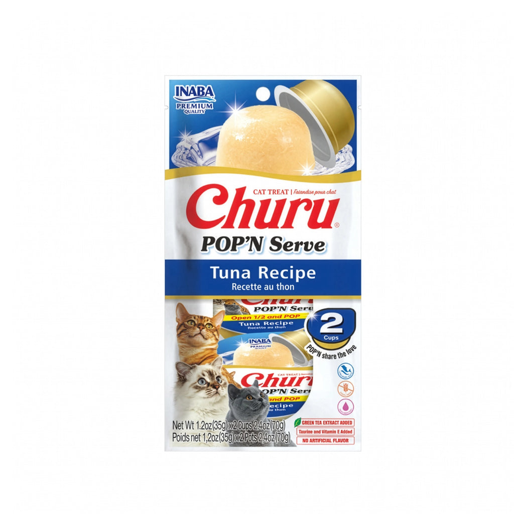 Churu Pop'n Serve Atún para gatos en envase con 2 porciones individuales, snack cremoso sabor atún listo para servir.