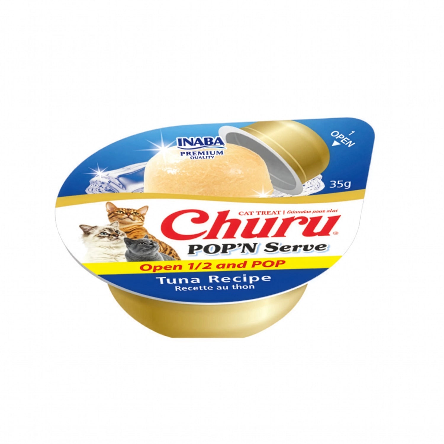 Churu Pop'n Serve Atún para gatos en envase con 2 porciones individuales, snack cremoso sabor atún listo para servir.
