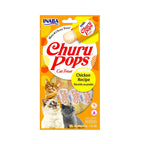 Snack Jalea Jugosa "Churu Pops" Pollo para Gatos en envase de 4 unidades, con textura suave, sabor pollo e imágenes de gatos.