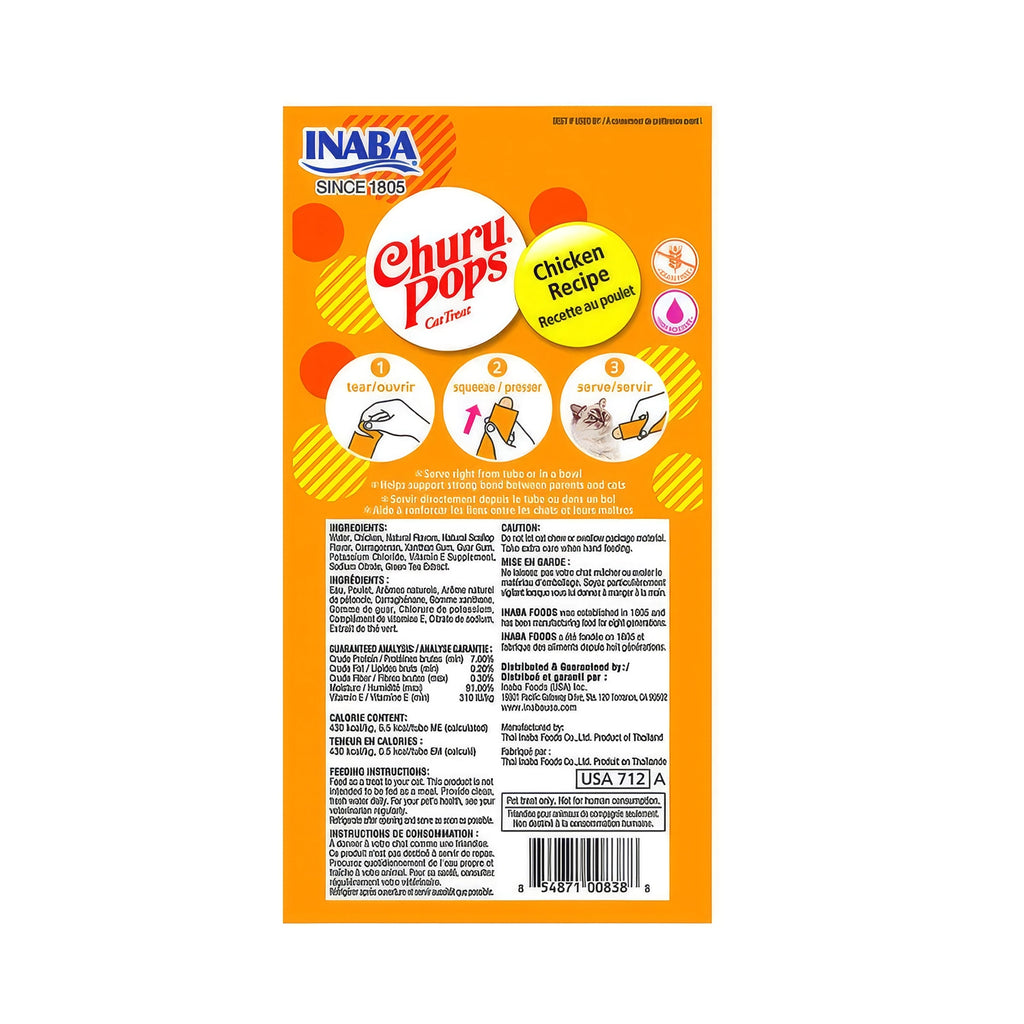 Snack Jalea Jugosa "Churu Pops" Pollo para Gatos en envase de 4 unidades, con textura suave, sabor pollo e imágenes de gatos.
