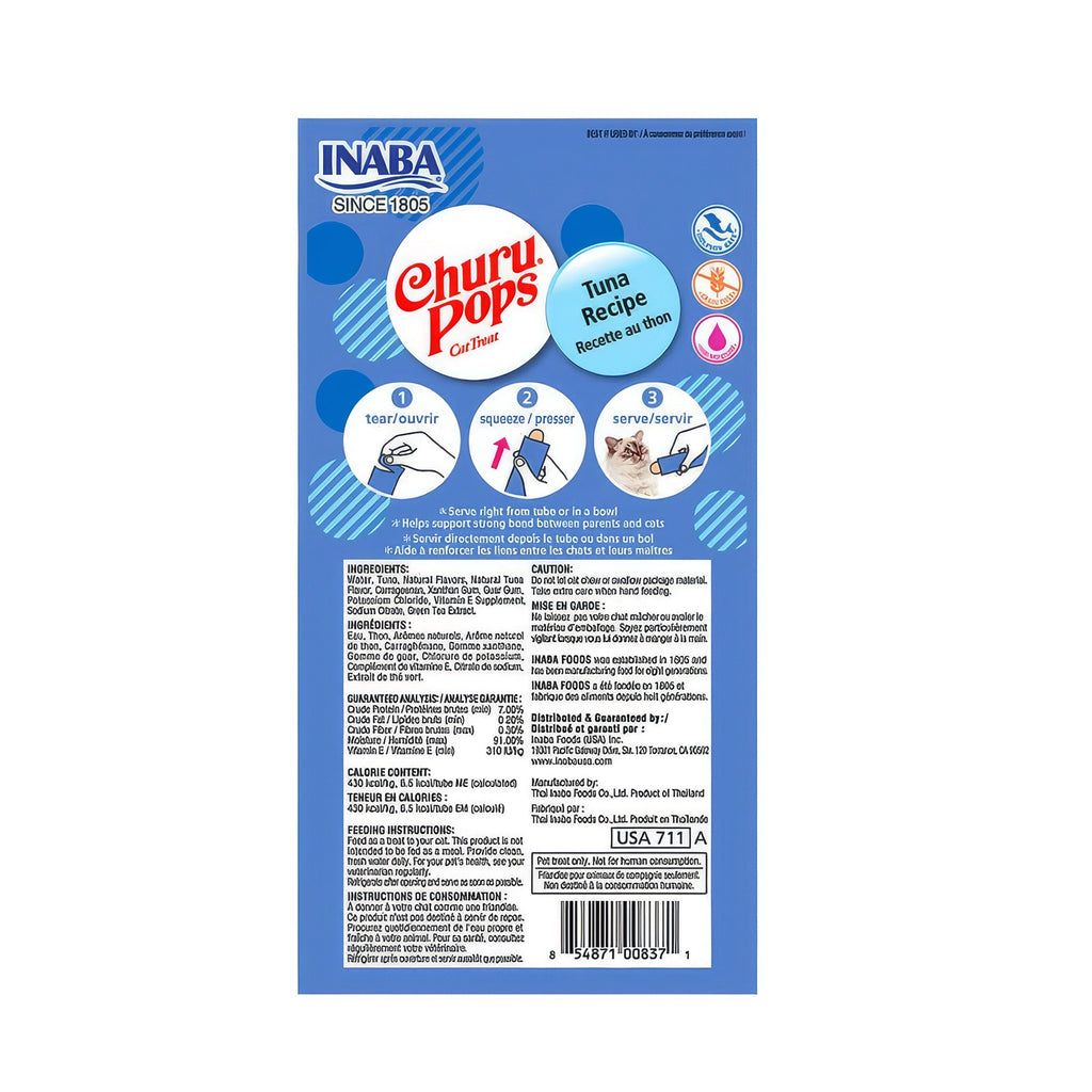 Empaque de Snack Jalea Jugosa "Churu Pops" Atún para Gatos, premios blandos sabor atún, presentación de 4 unidades.