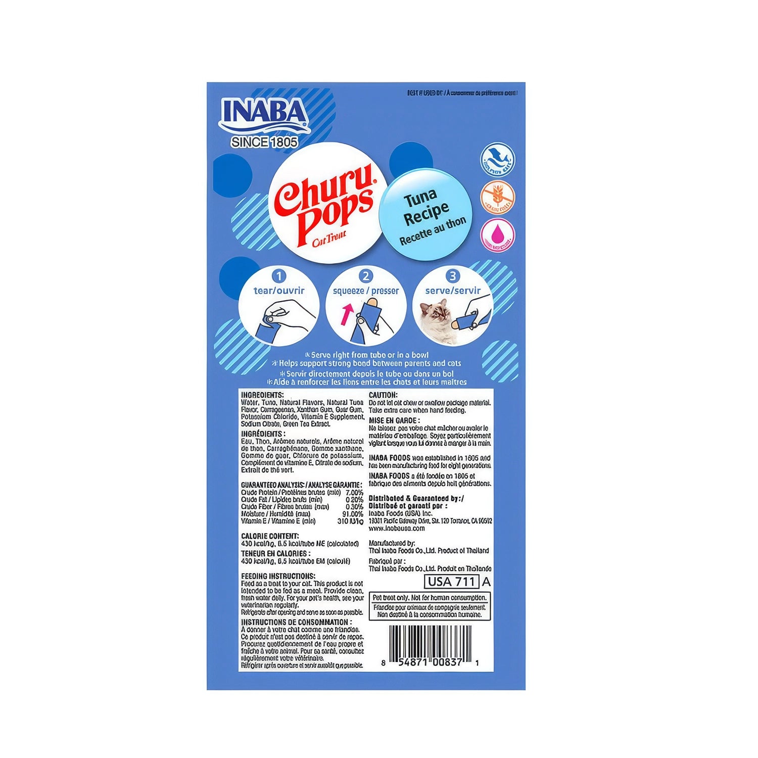 Empaque de Snack Jalea Jugosa "Churu Pops" Atún para Gatos, premios blandos sabor atún, presentación de 4 unidades.