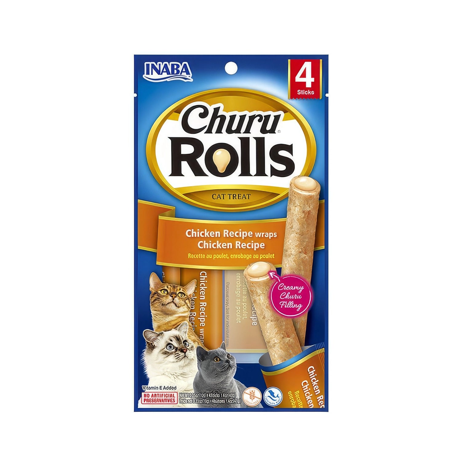 Churu Rolls Snack Pollo para Gatos en envase de 4 unidades, bocados enrollados con relleno cremoso y fotos de gatos en portada.