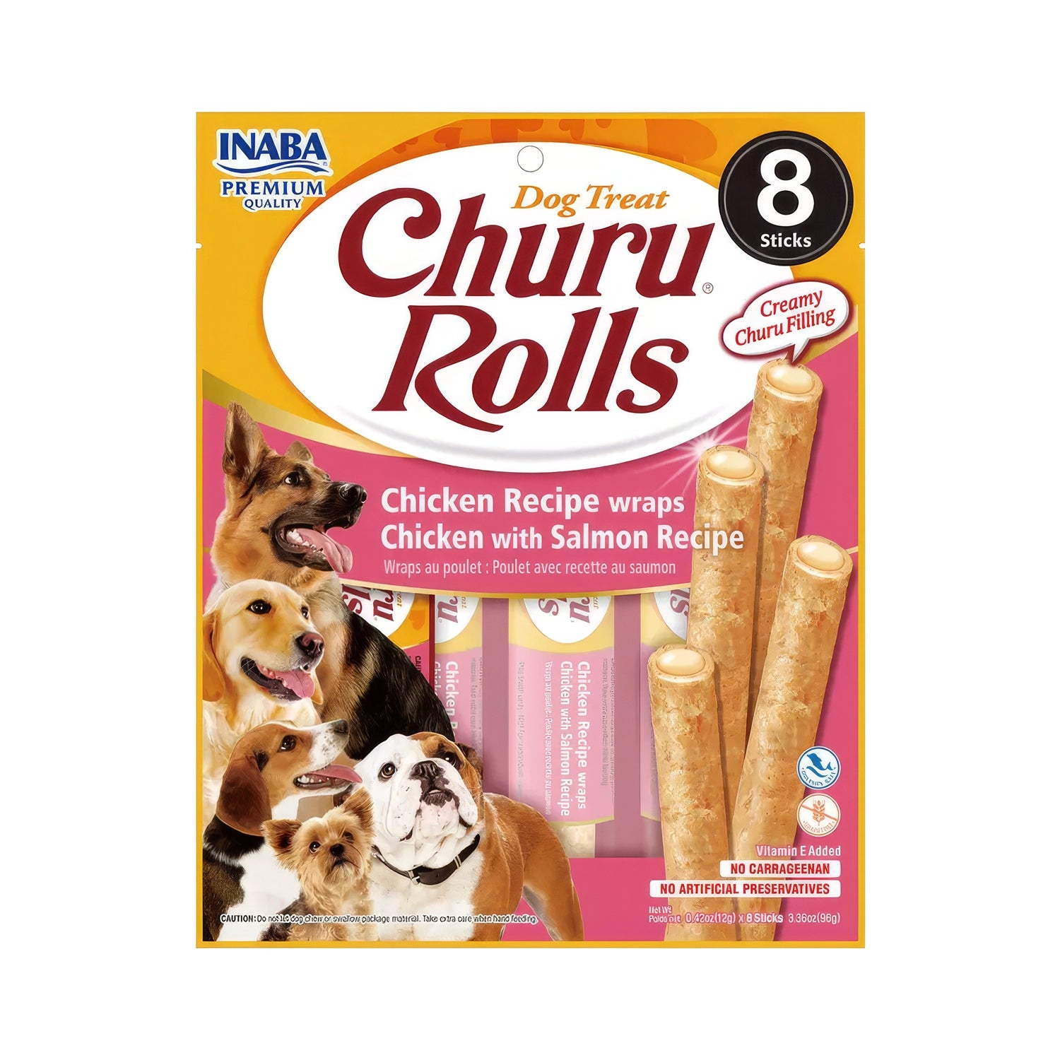 Churu Rolls Snack Salmón para Perros en pack de 8 palitos, bocados enrollados con relleno cremoso y receta de pollo con salmón.