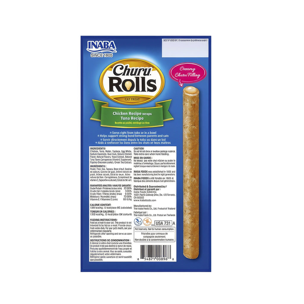 Churu Rolls Snack Atún para Gatos en envase de 4 unidades, premios enrollados con relleno cremoso y receta de pollo y atún.