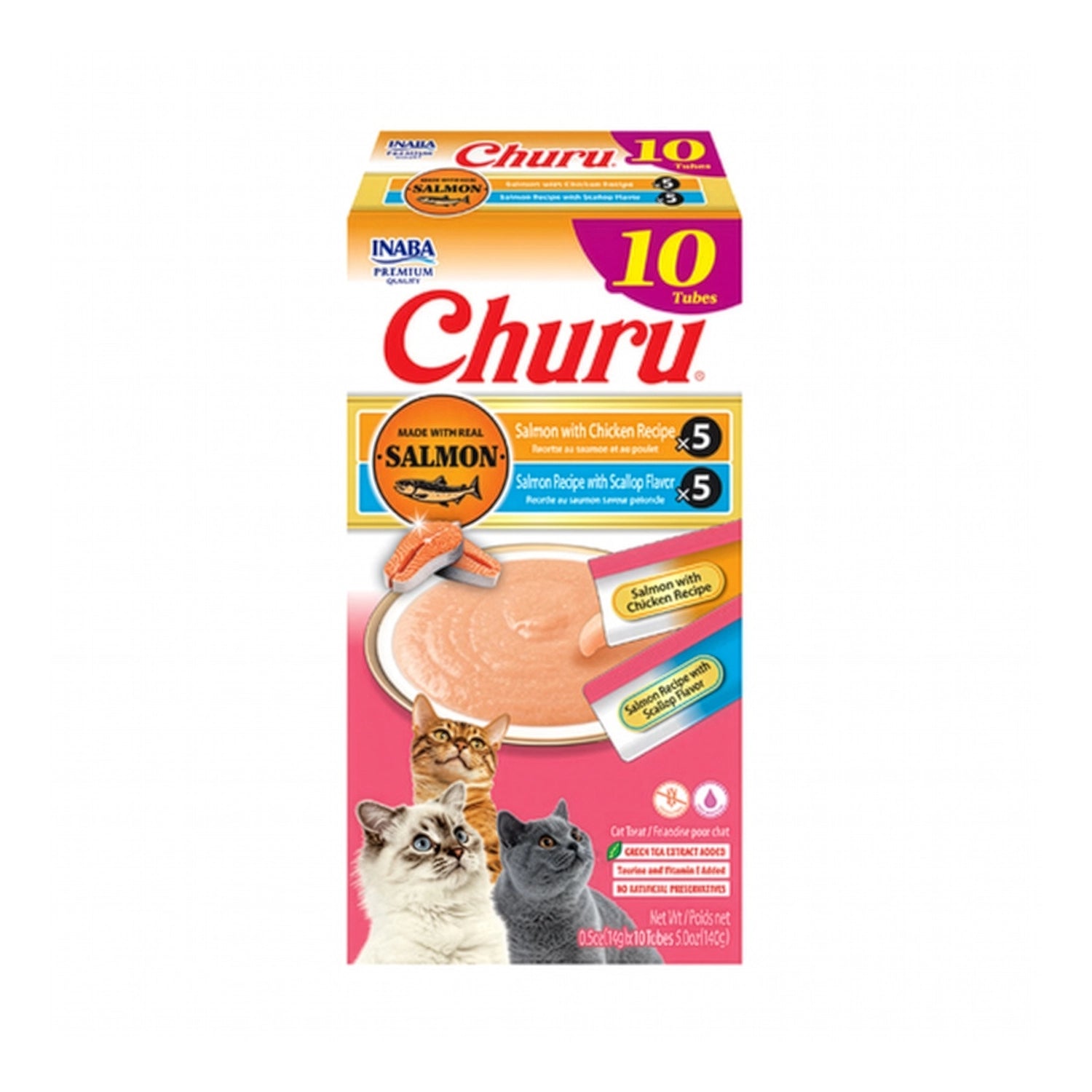 Snack Churu Salmón + Pollo para Gatos en caja con 10 tubos surtidos de salmón con pollo y salmón con ostiones, textura cremosa.