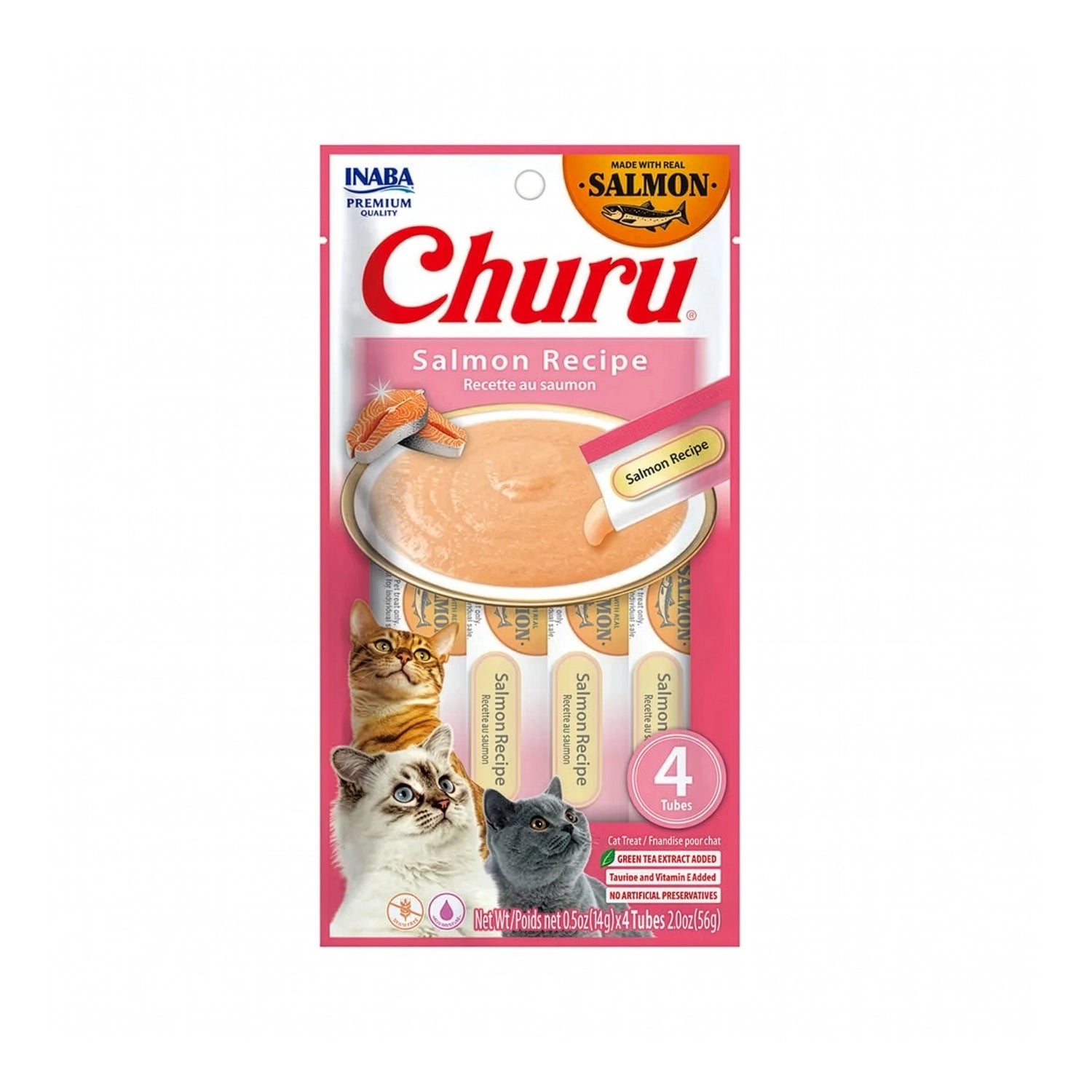 Snack Churu Salmón para Gatos en envase con 4 tubos de premio cremoso sabor salmón, elaborado con salmón real y textura suave.