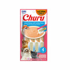 Snack Churu Salmón y Ostiones para Gatos en envase con 4 tubos de premio cremoso, elaborado con salmón y sabor a ostiones.