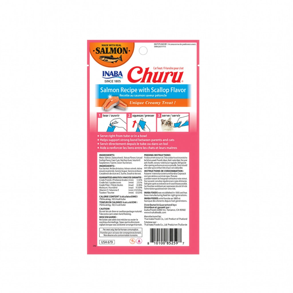 Snack Churu Salmón y Ostiones para Gatos en envase con 4 tubos de premio cremoso, elaborado con salmón y sabor a ostiones.