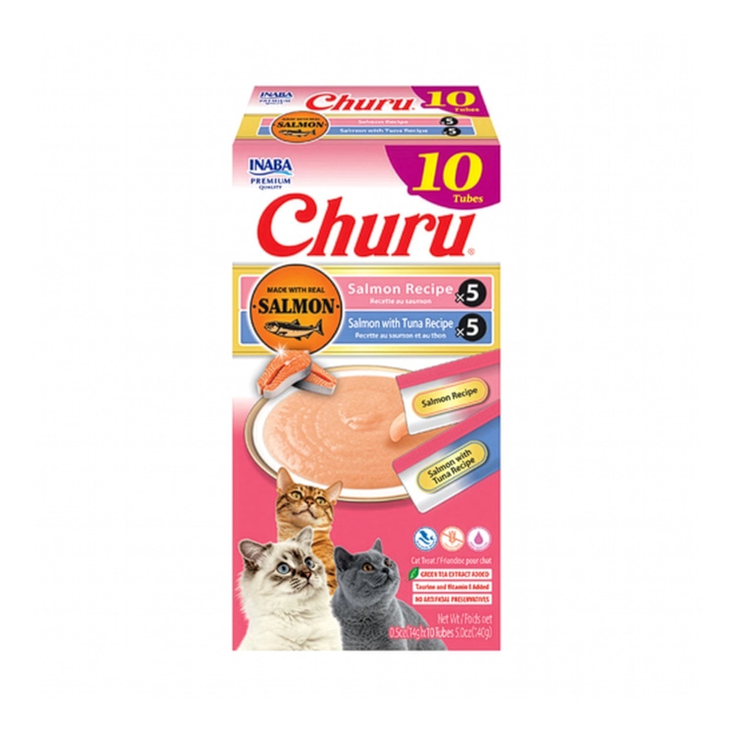 Snack Churu Salmón + Atún para Gatos en caja con 10 tubos surtidos de salmón y salmón con atún, en formato de premio cremoso.