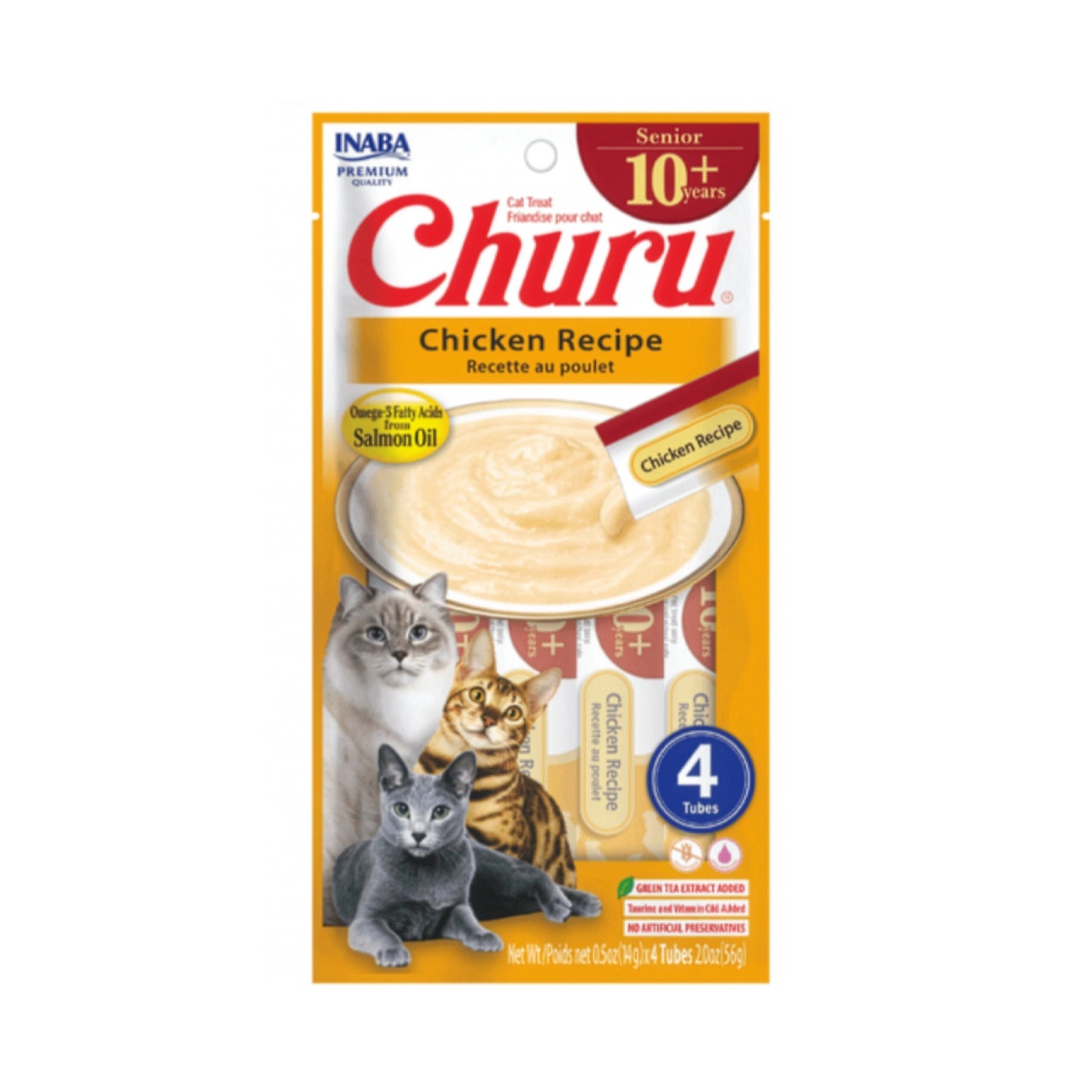 Snack Churu Senior 10+ Pollo para Gatos en envase con 4 tubos de premio cremoso, formulado para gatos mayores de 10 años.