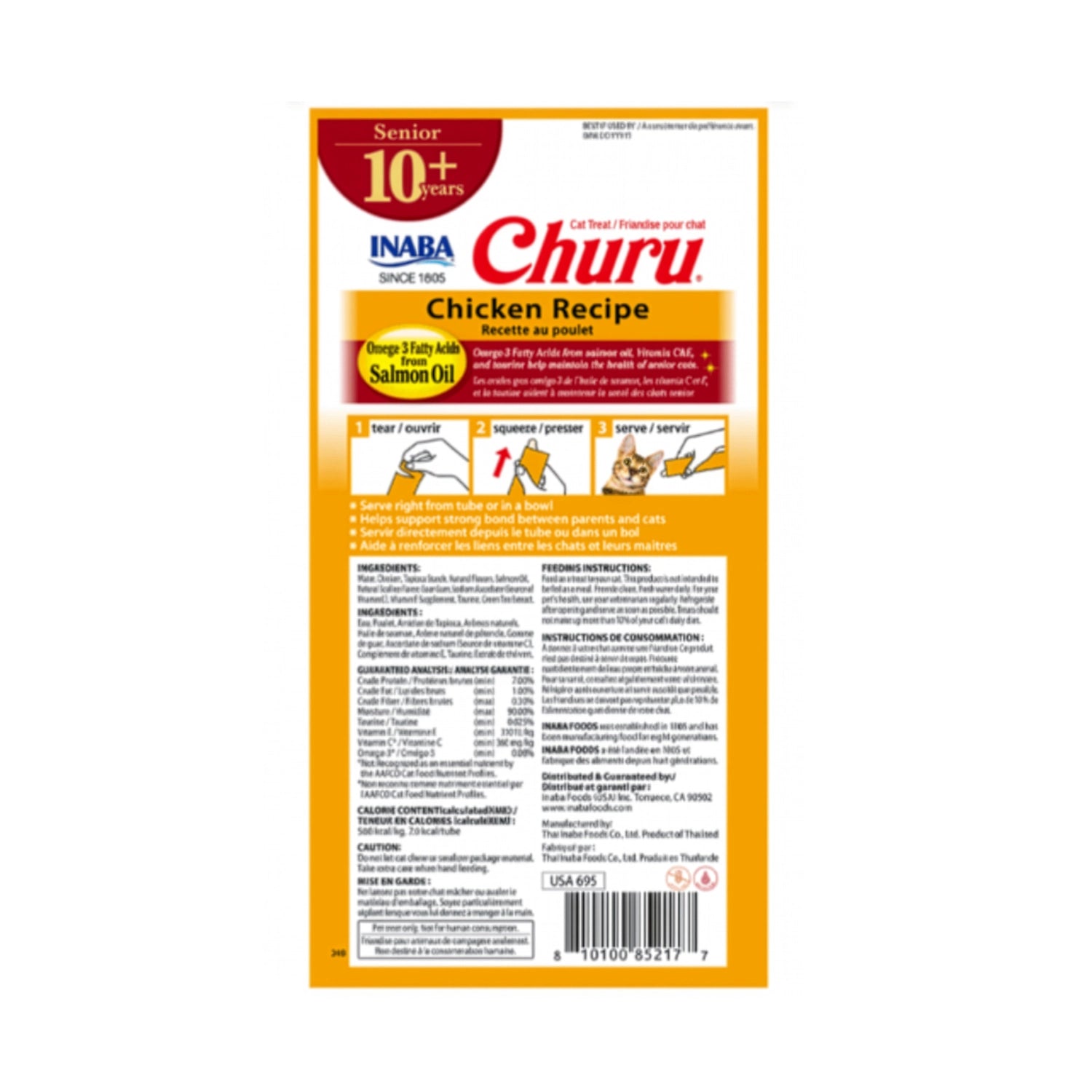Snack Churu Senior 10+ Pollo para Gatos en envase con 4 tubos de premio cremoso, formulado para gatos mayores de 10 años.