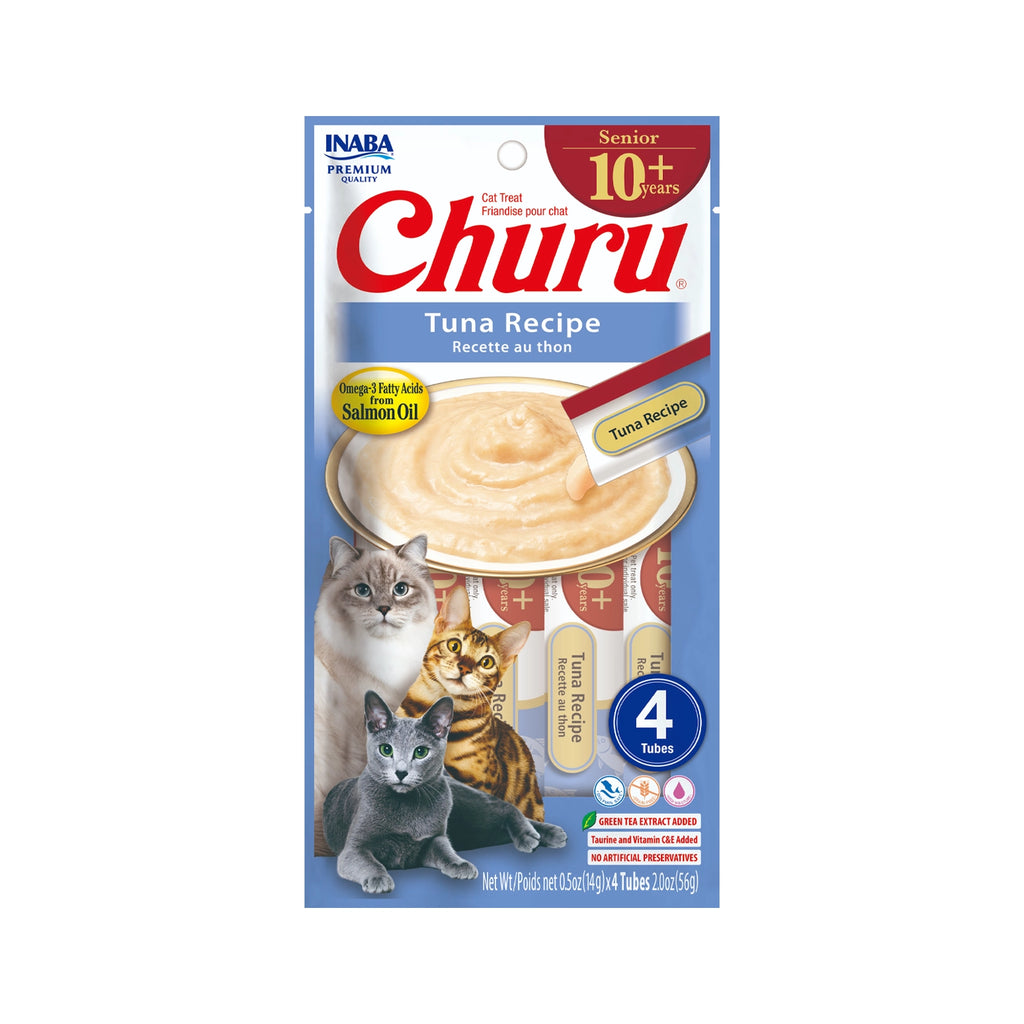 Snack Churu Senior 10+ Atún para Gatos en envase con dos porciones individuales, diseño con imágenes de gatos y receta de atún.