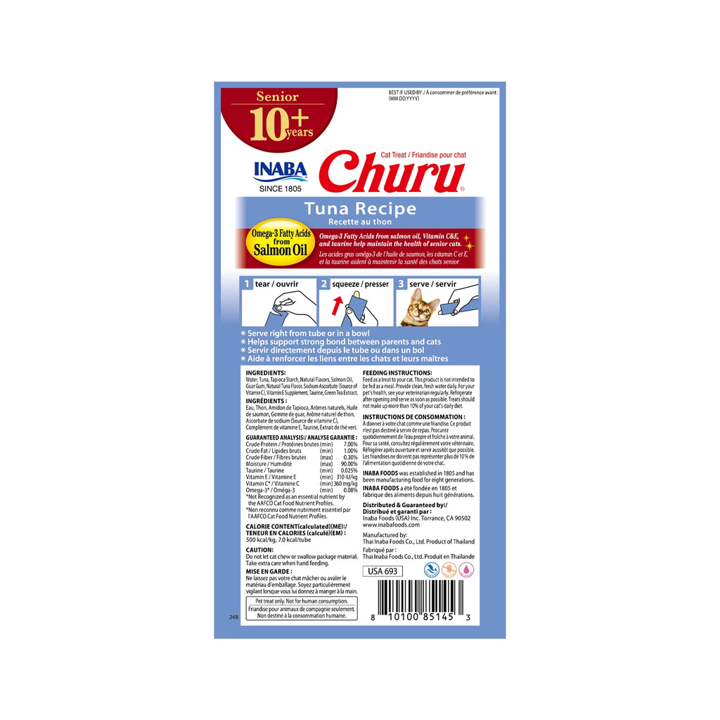 Snack Churu Senior 10+ Atún para Gatos en envase con dos porciones individuales, diseño con imágenes de gatos y receta de atún.