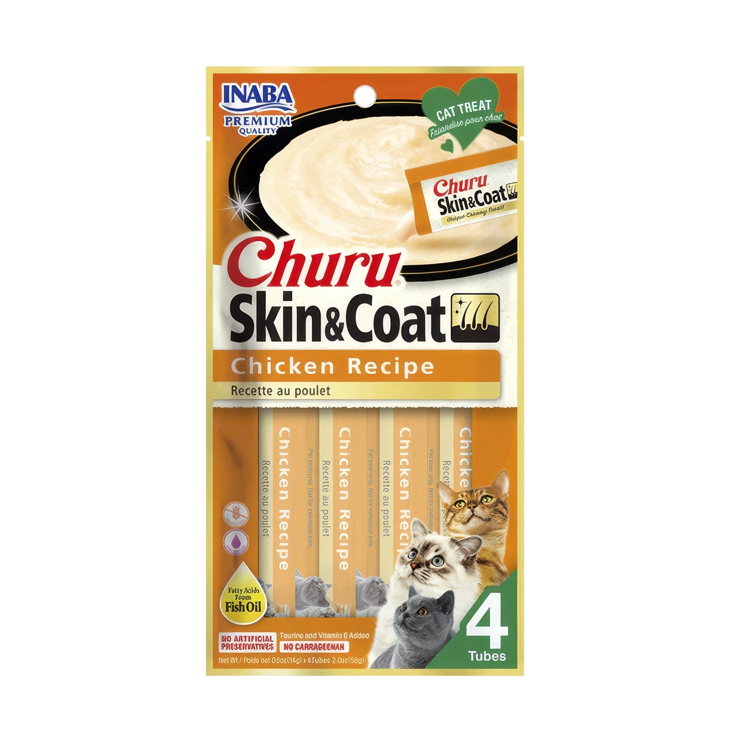 Churu Skin & Coat Pollo para Gatos en pack de 4 tubos, snack cremoso con receta de pollo y aceite de pescado para piel y pelaje.