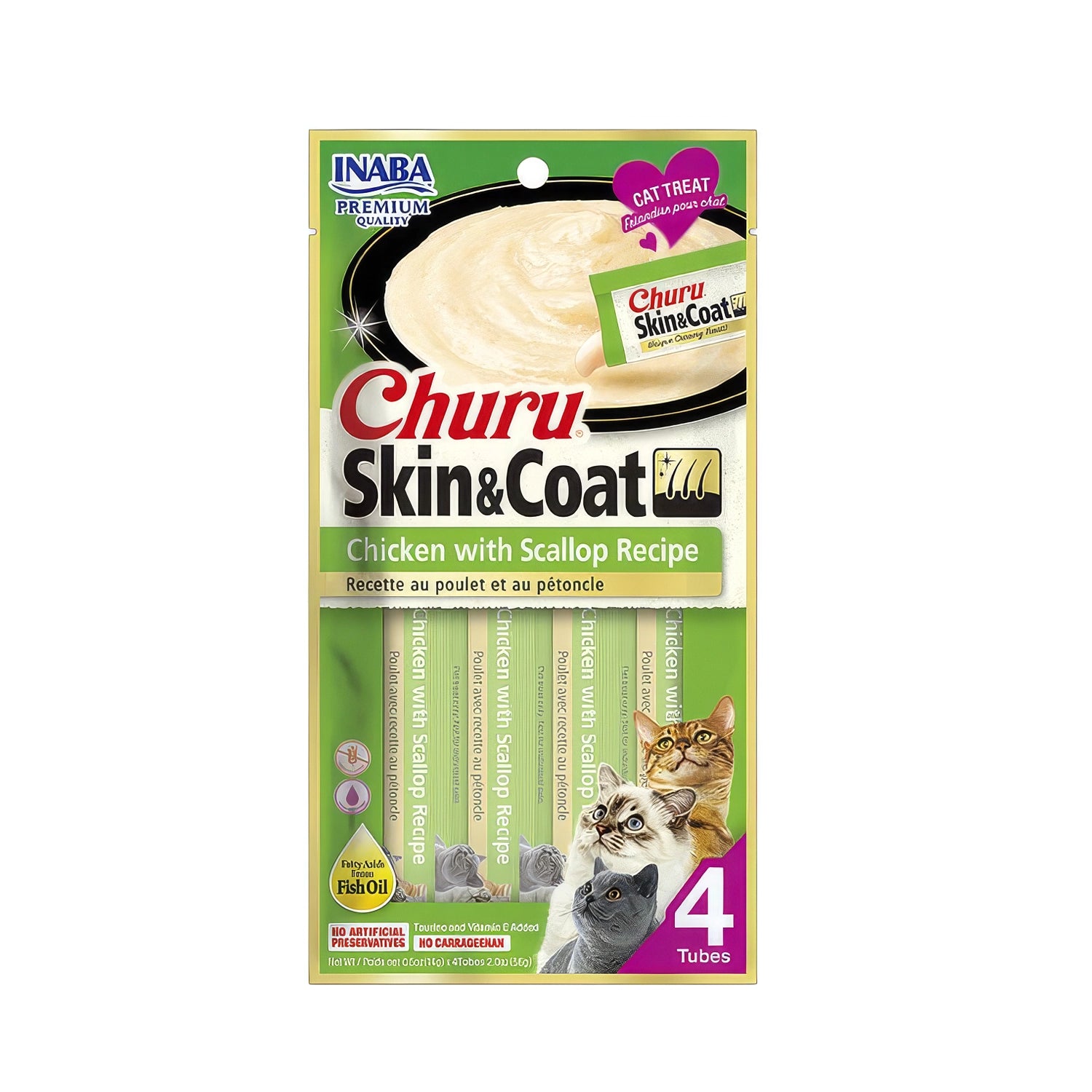 Churu Skin & Coat Pollo y Ostión para Gatos en envase de 4 tubos, snack cremoso para piel y pelaje con aceite de pescado.