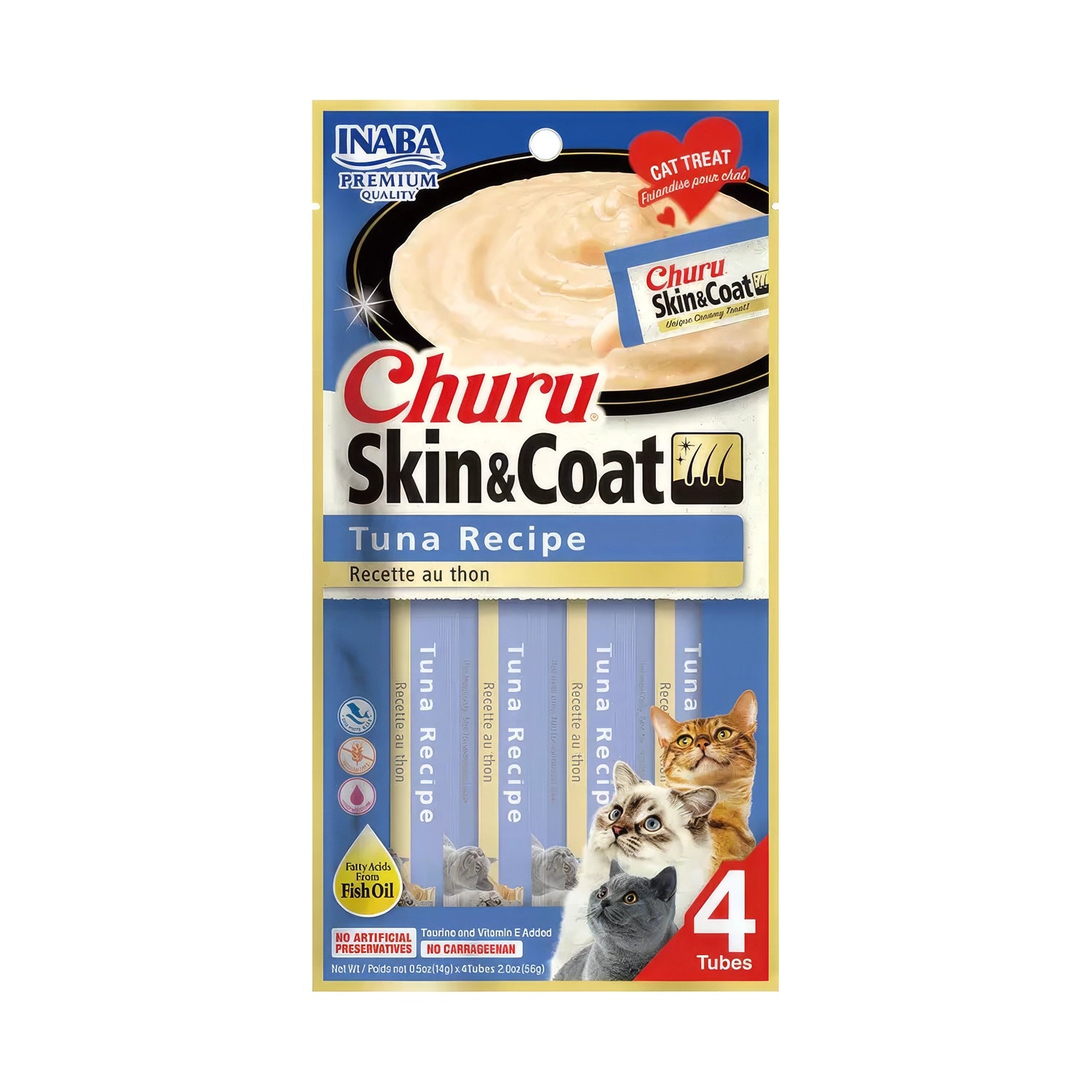 Churu Skin & Coat Atún para Gatos 4 tubos, snack cremoso con receta de atún, aceite de pescado y gatos ilustrados en el envase.