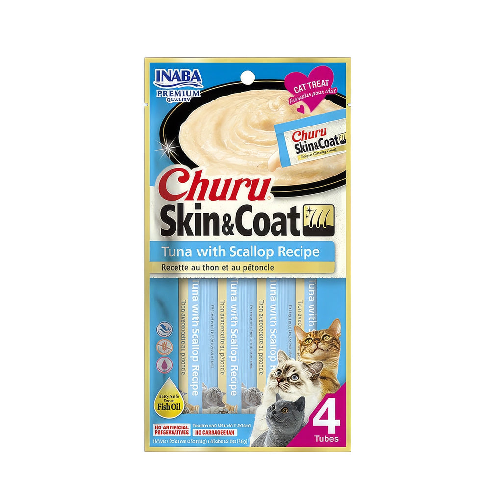 Churu Skin & Coat Atún y Ostión para Gatos en envase de 4 tubos, snack cremoso para piel y pelaje con aceite de pescado.