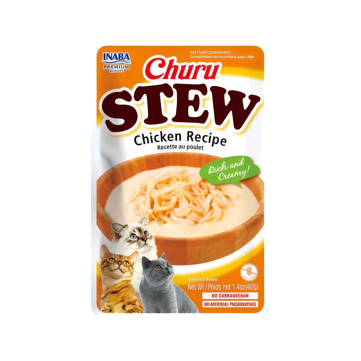Churu Stew Guiso de Pollo para gatos en sobre individual, con trozos de pollo en salsa cremosa y diseño con gatos.