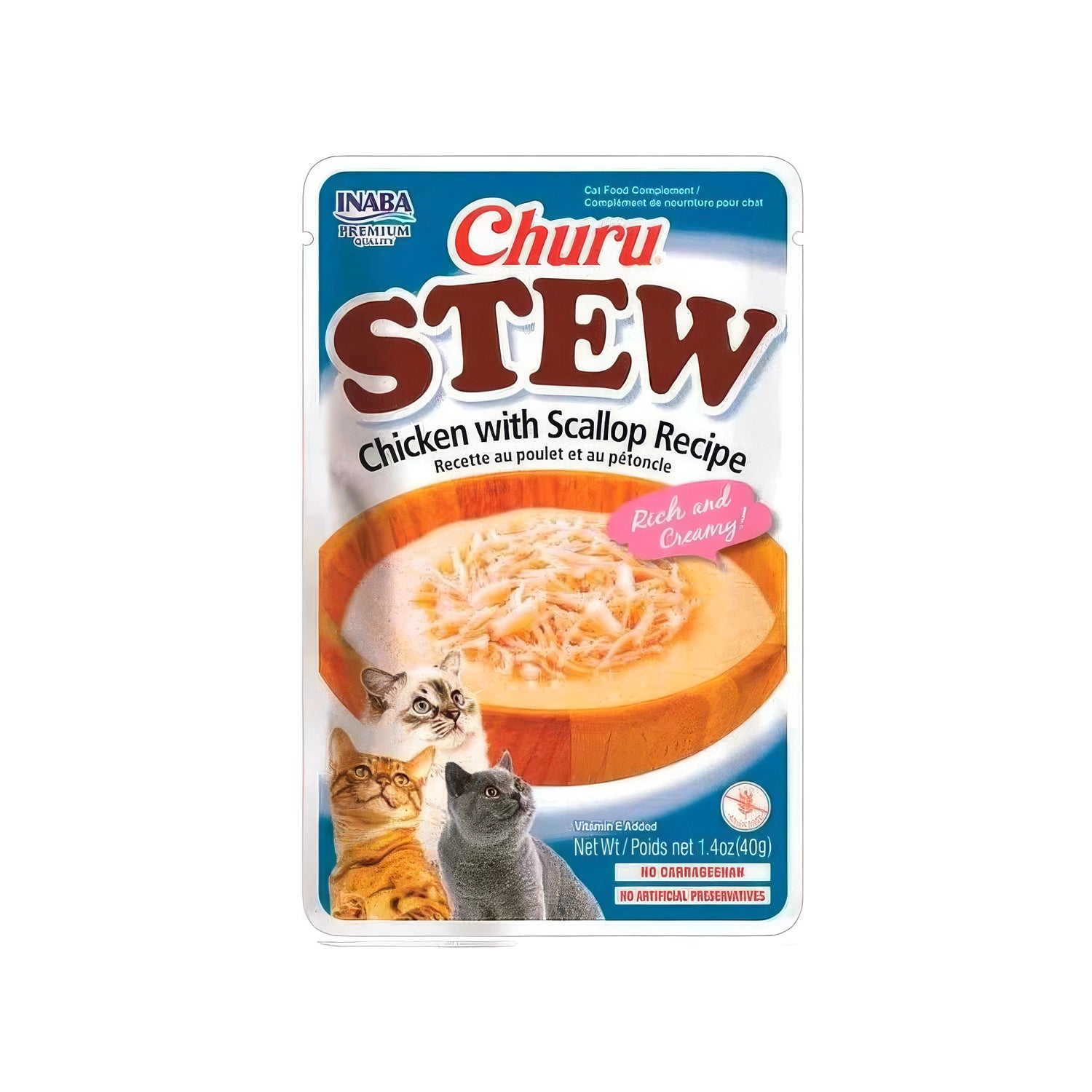 Churu Stew Guiso de Pollo y Ostión en sobre para gatos, con trozos de pollo en salsa cremosa y diseño con gatos.