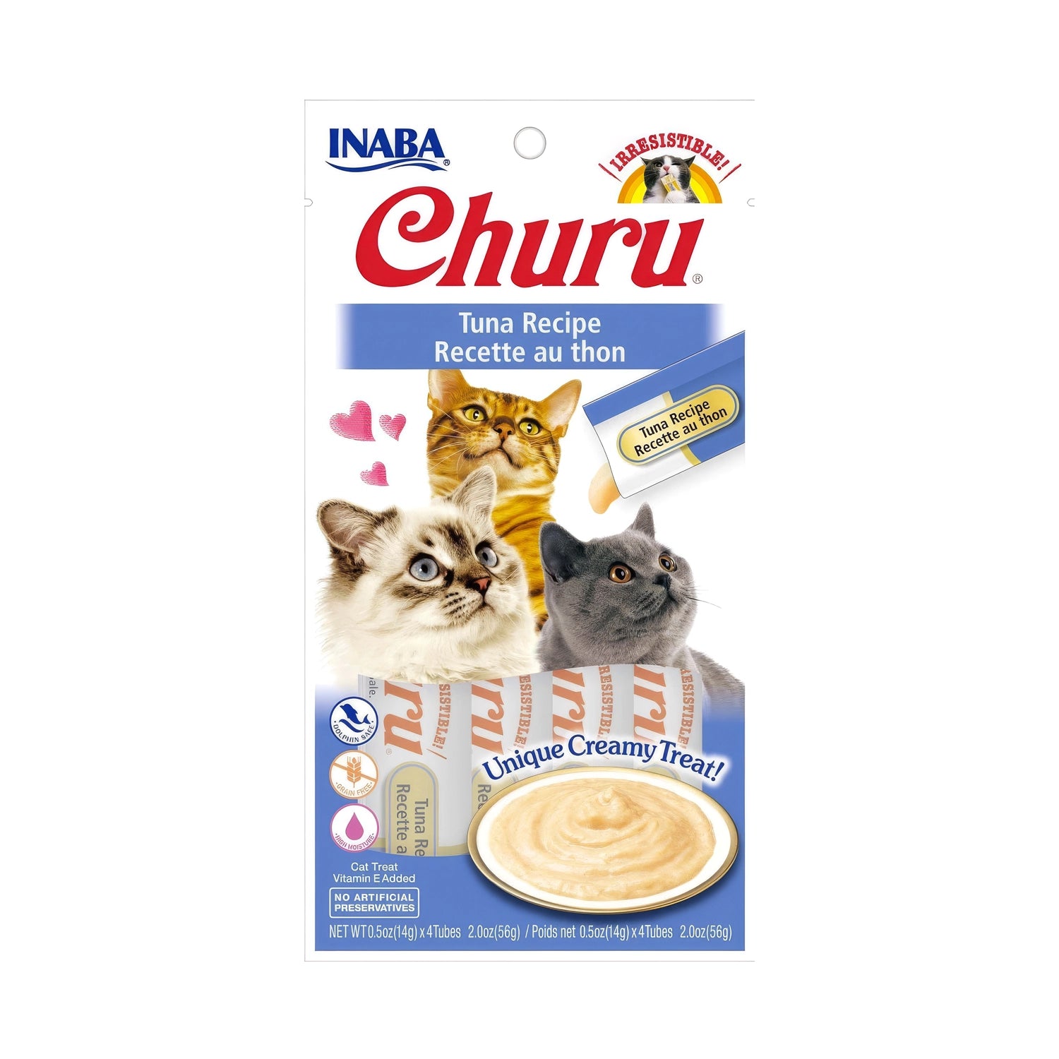 Snack Churu Atún para Gatos en paquete con 4 tubos de premio cremoso sabor atún, ilustración de gatos y plato de snack.
