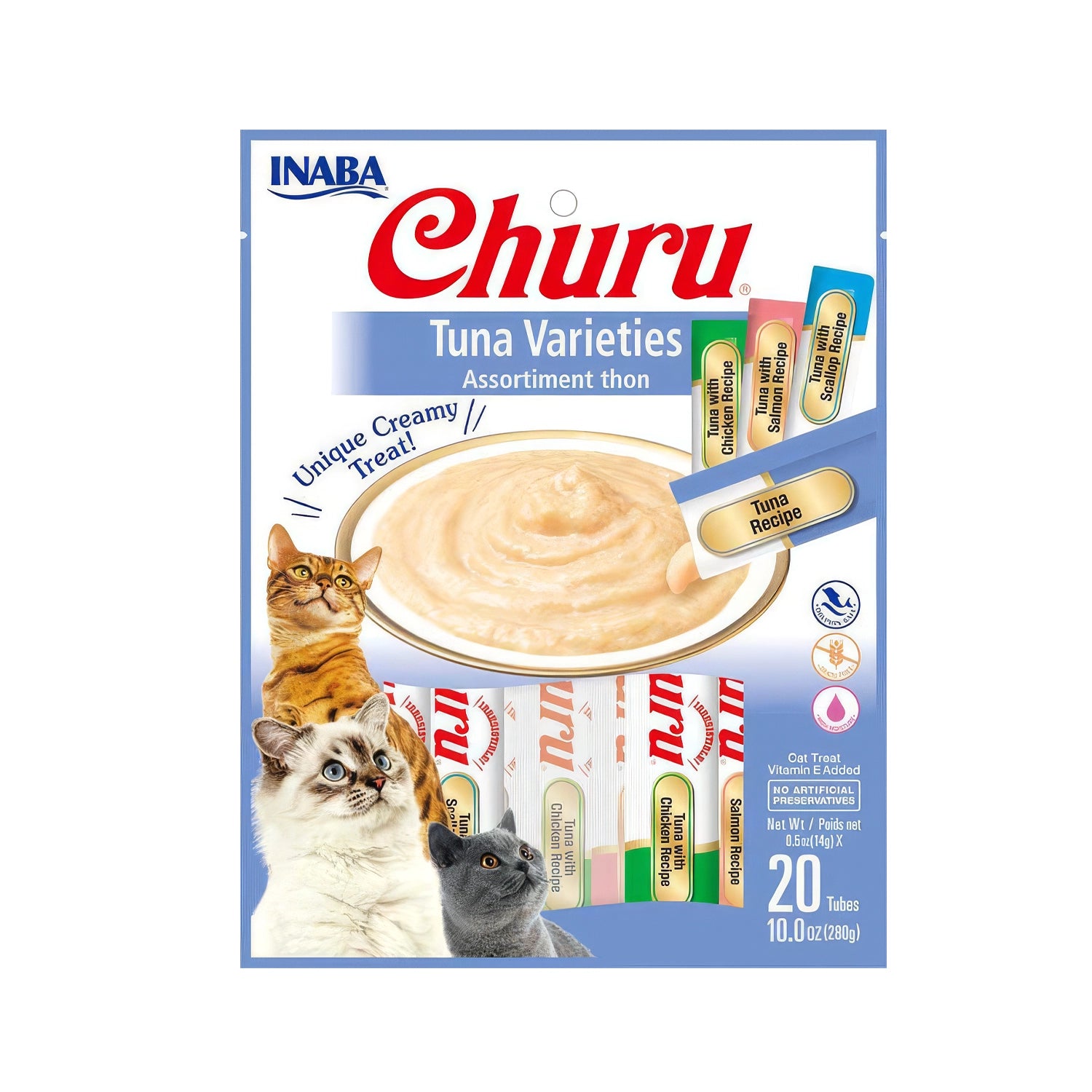 Snack Churu Pack Tubos Variedades de Atún para Gatos con 20 tubos surtidos, crema de atún, ilustración de gatos y empaque azul.