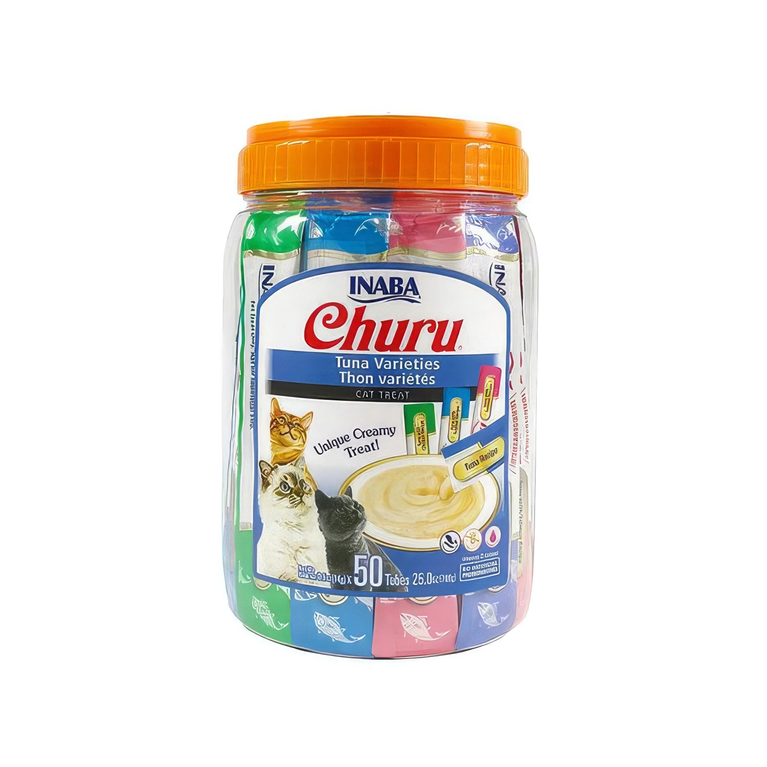 Snack Churu Pack Tubos Variedades de Atún para Gatos con 50 tubos surtidos, crema de atún, ilustración de gatos y empaque azul.