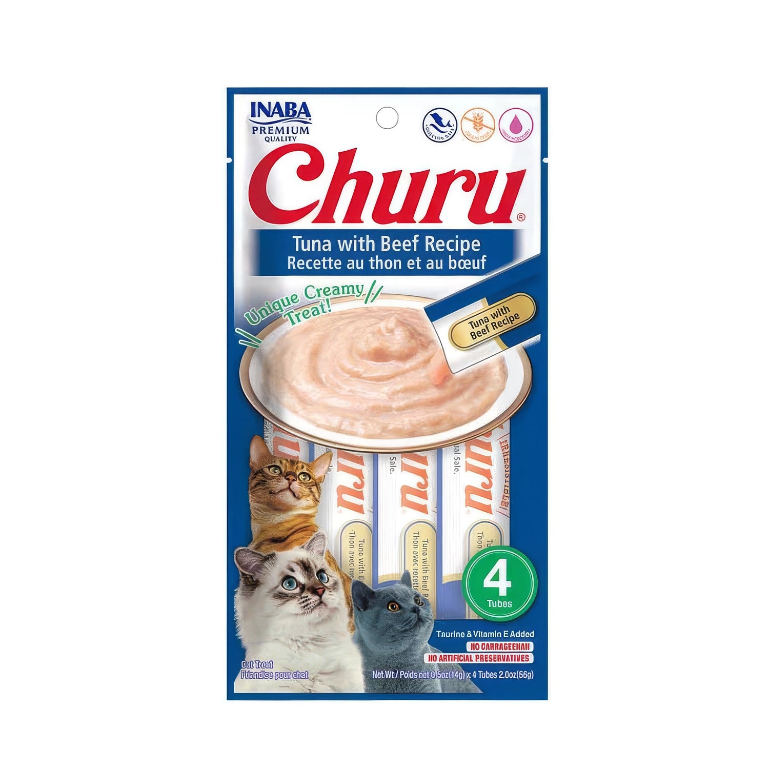 Churu Snack Atún y Carne para Gatos en envase de 4 tubos, premio cremoso con mezcla de atún y carne, ilustrado con gatos.