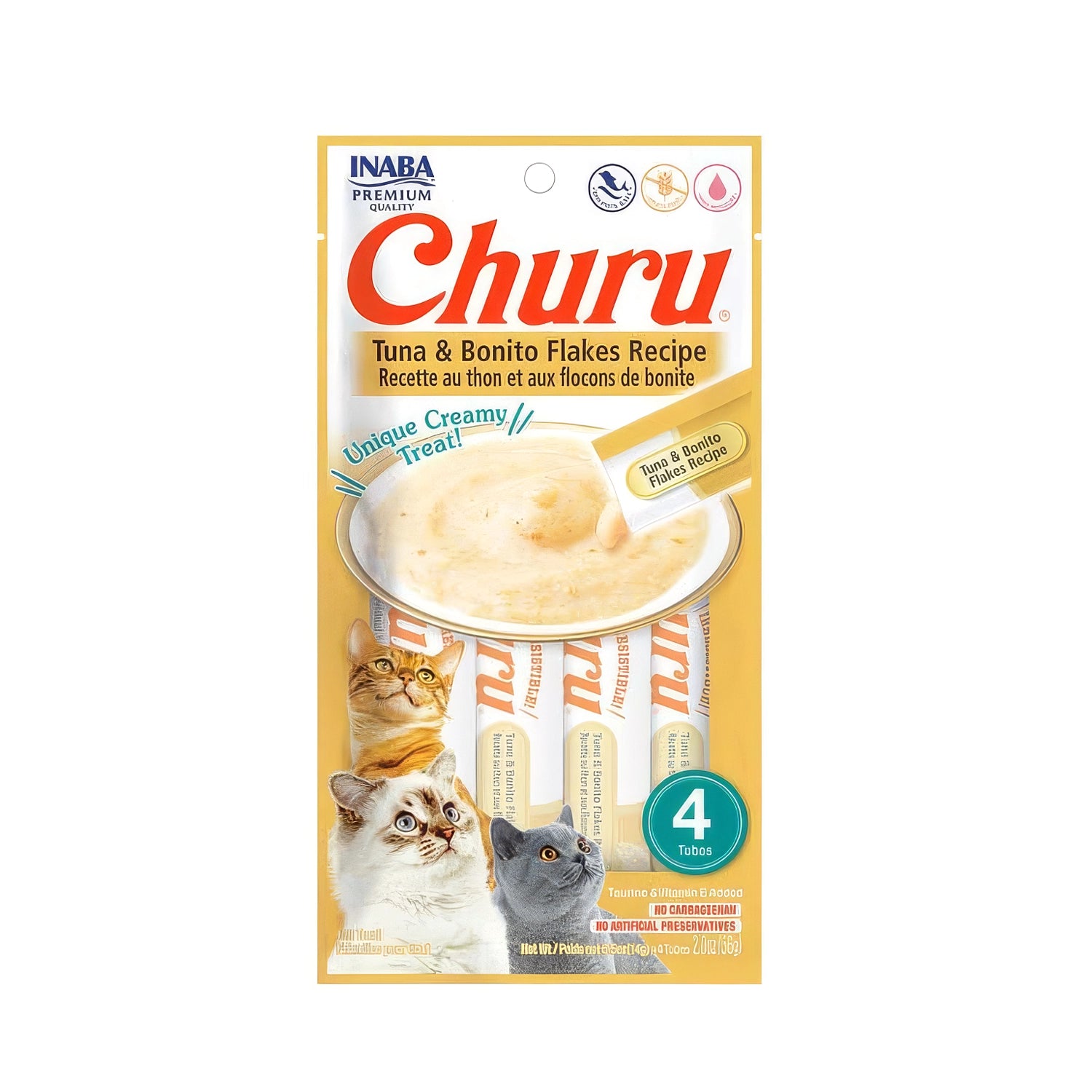 Snack Churu Atún y Hojuelas de Bonito para Gatos con 4 tubos de premio cremoso, receta de atún y gatos en el envase.