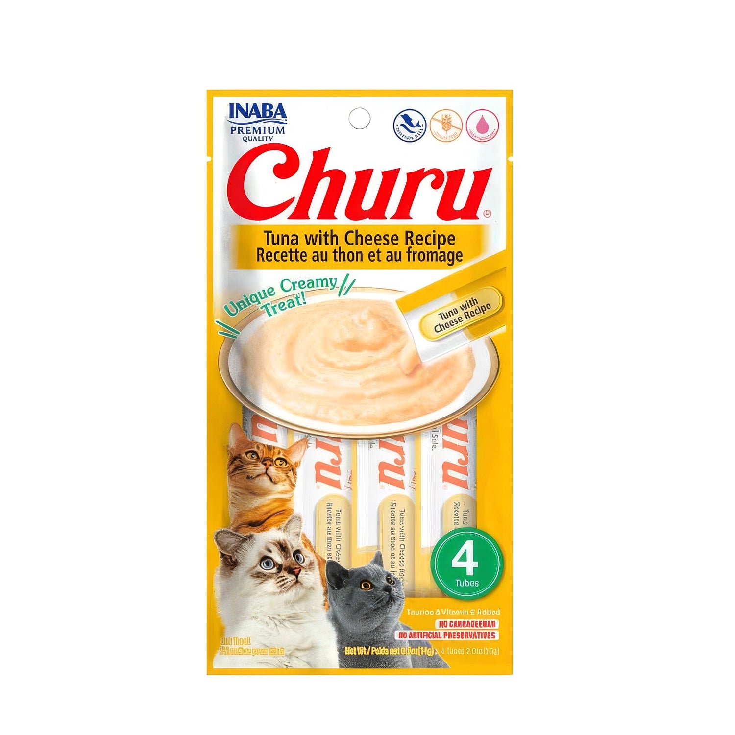 Snack Churu Atún y Queso para Gatos en presentación de 4 tubos, premio cremoso con imagen de gatos y receta de atún con queso.
