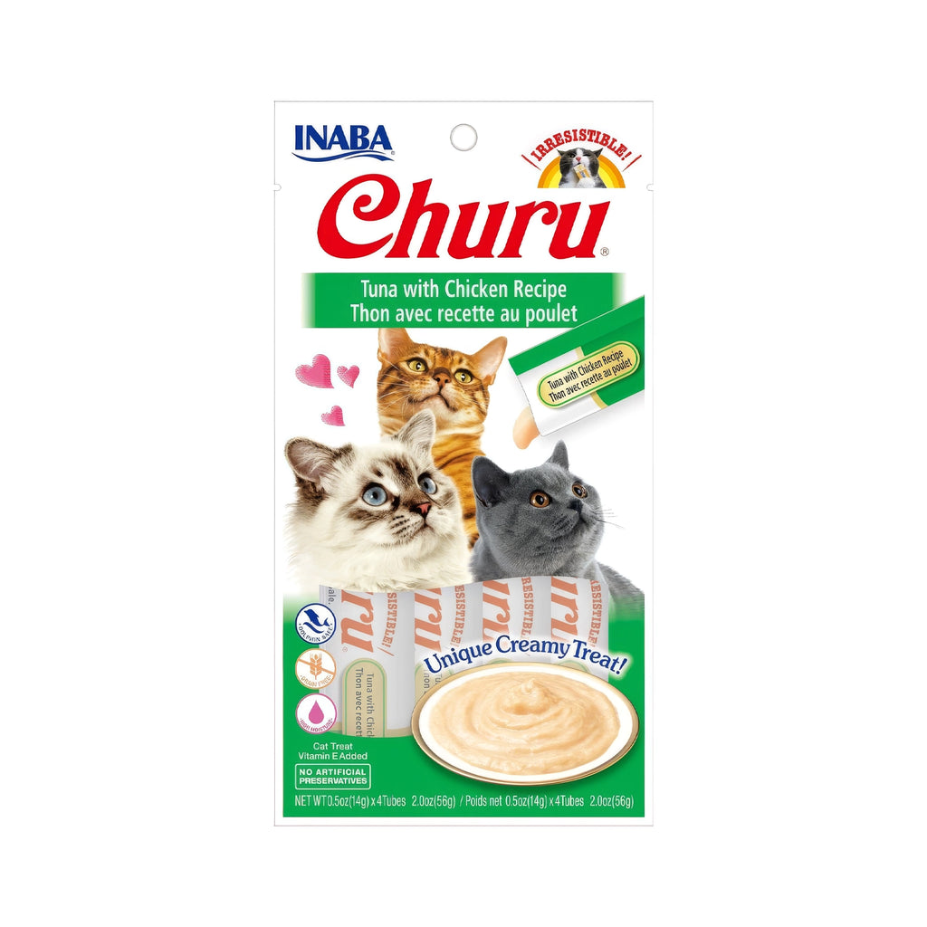 Snack Churu Atún y Pollo para Gatos, premio cremoso en tubos individuales con receta de atún y pollo para felinos.