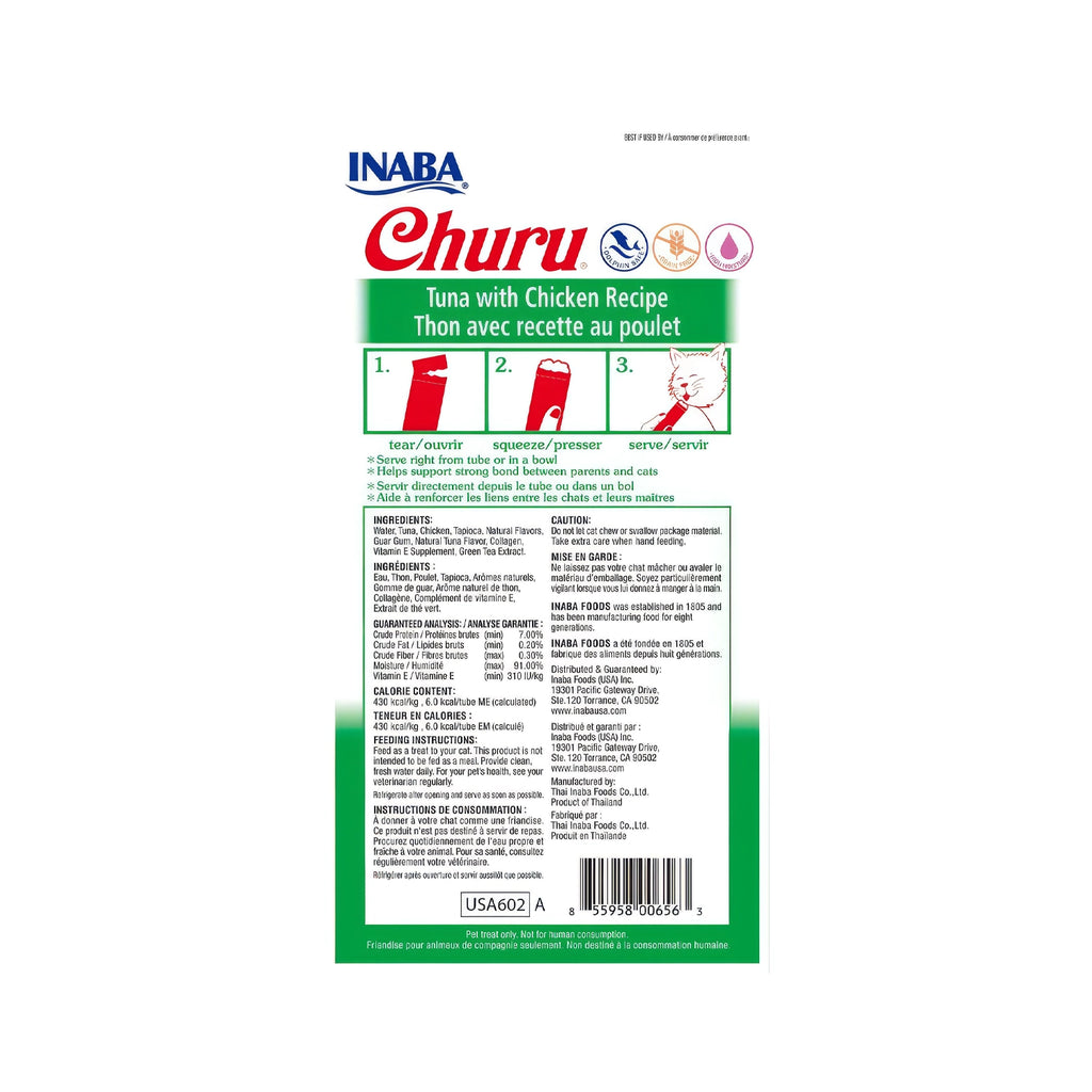 Snack Churu Atún y Pollo para Gatos, premio cremoso en tubos individuales con receta de atún y pollo para felinos.