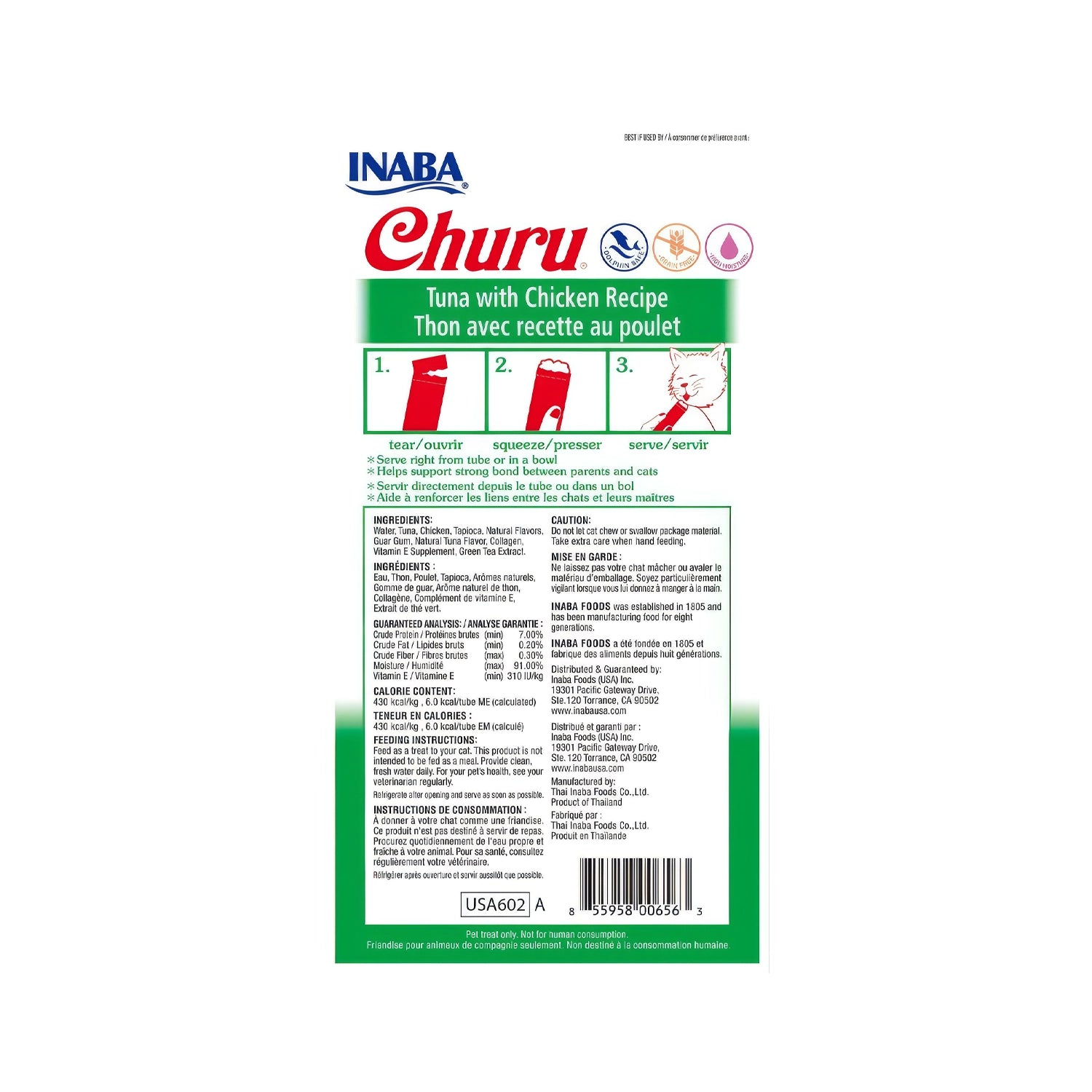Snack Churu Atún y Pollo para Gatos, premio cremoso en tubos individuales con receta de atún y pollo para felinos.