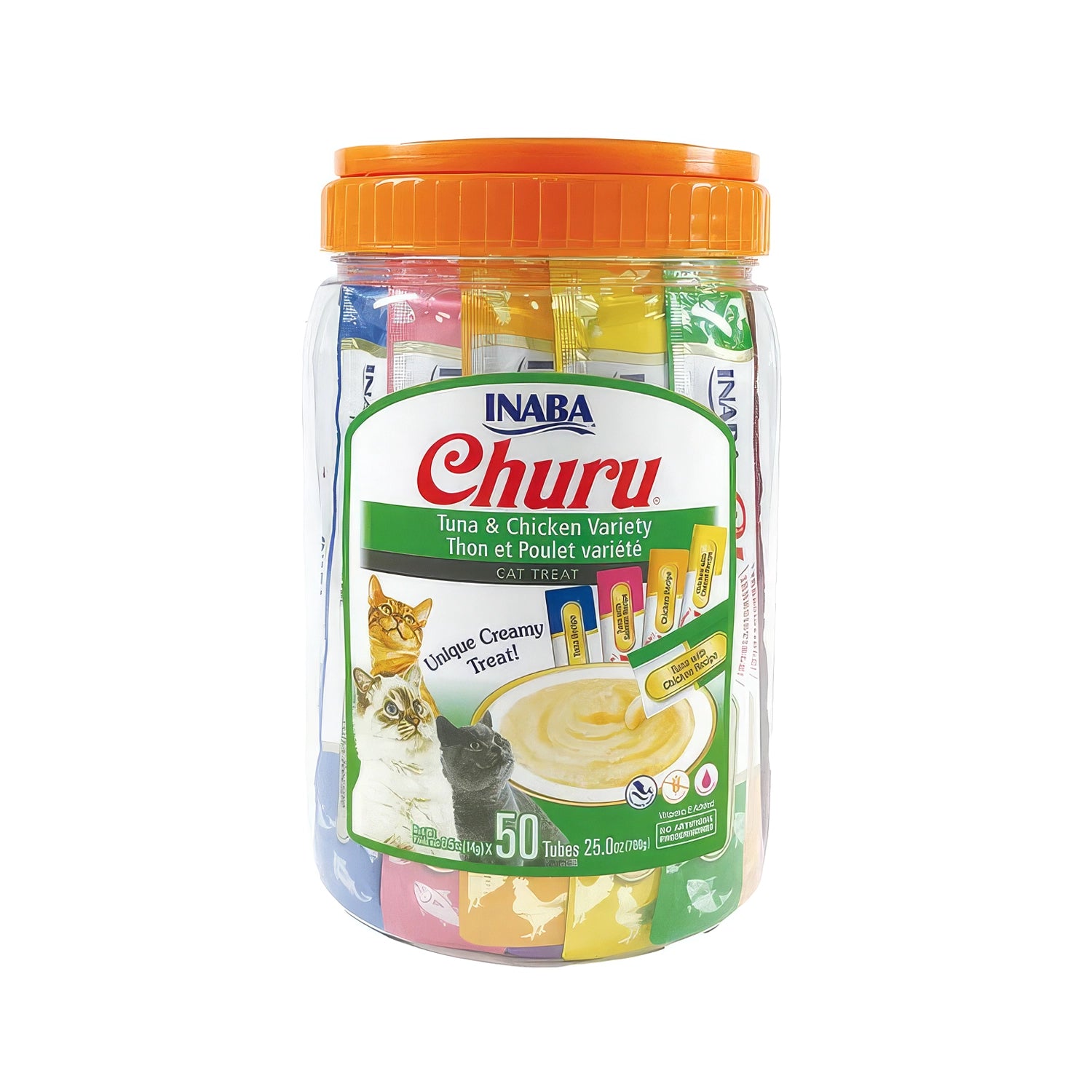 Snack Churu Variedades de Atún & Pollo para Gatos en frasco con 50 tubos cremosos surtidos, ideal como premio diario.