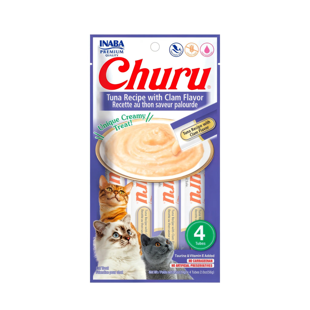 Empaque de Snack Churu Atún y Almeja para Gatos, snack líquido cremoso con 4 tubos visibles y mezcla de atún y almeja.