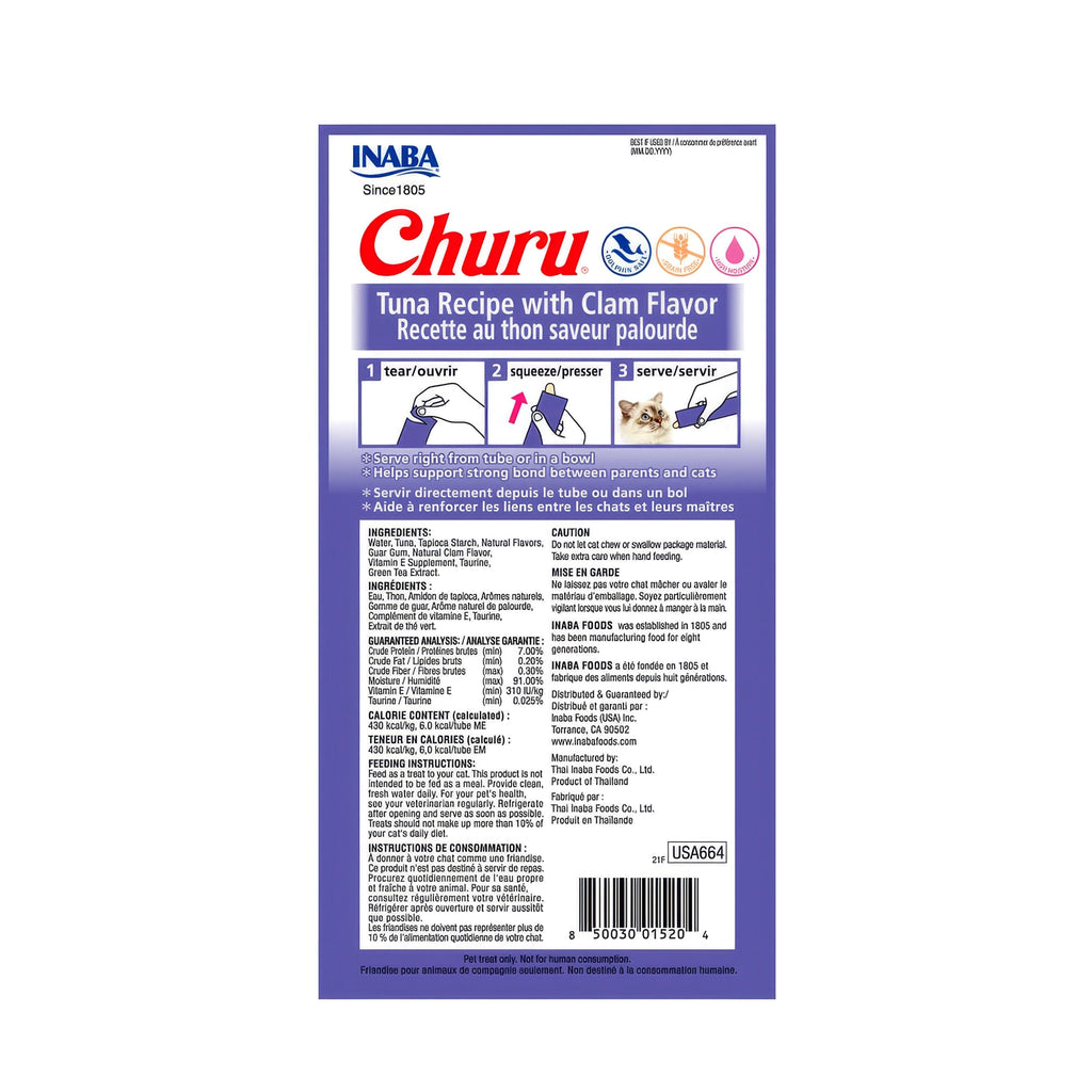 Empaque de Snack Churu Atún y Almeja para Gatos, snack líquido cremoso con 4 tubos visibles y mezcla de atún y almeja.