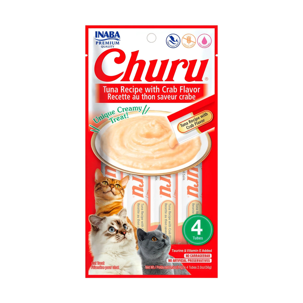 Empaque de Snack Churu Atún y Cangrejo para Gatos con 4 tubos de snack húmedo y cremoso, receta de atún sabor cangrejo.