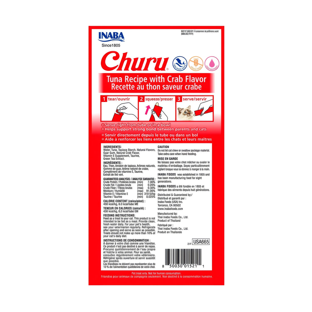 Empaque de Snack Churu Atún y Cangrejo para Gatos con 4 tubos de snack húmedo y cremoso, receta de atún sabor cangrejo.