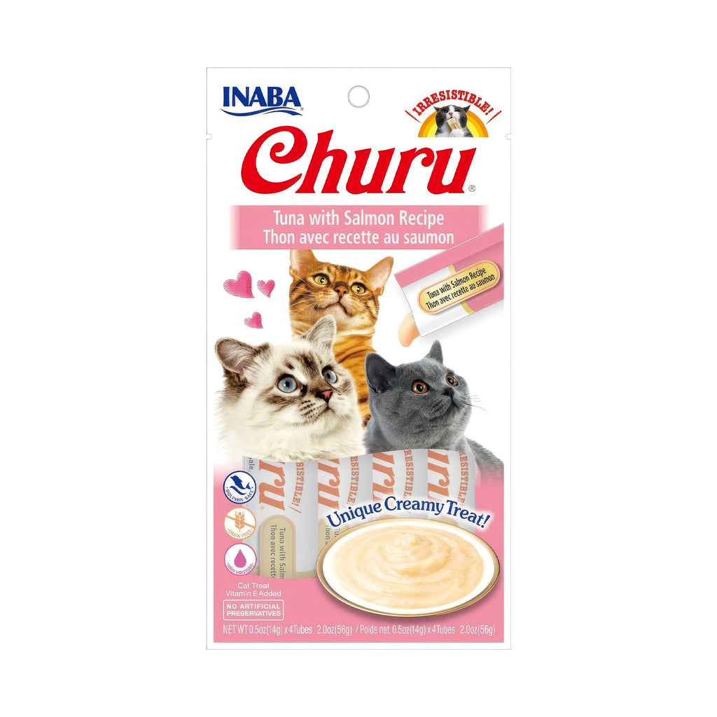 Snack Churu Atún y Salmón para Gatos en paquete con 4 tubos cremosos, imagen de gatos y receta de atún con salmón.