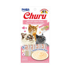 Snack Churu Atún y Salmón para Gatos en paquete con 4 tubos cremosos, imagen de gatos y receta de atún con salmón.