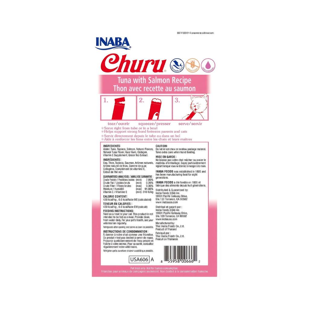 Snack Churu Atún y Salmón para Gatos en paquete con 4 tubos cremosos, imagen de gatos y receta de atún con salmón.
