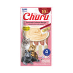 Snack Churu Senior 10+ Atún y Salmón para Gatos en envase con 4 tubos de premio cremoso, formulado para gatos mayores de 10 años.