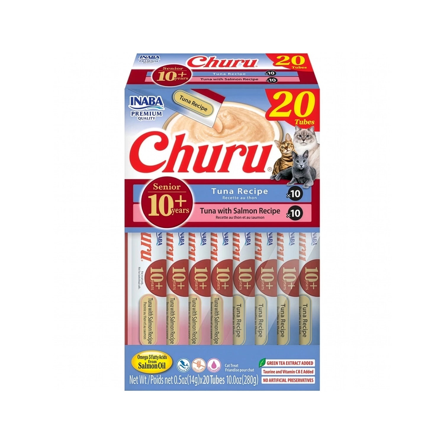 Snack Churu Senior 10+ Variedades de Atún para Gatos 20 Tubos en caja con recetas de atún y atún con salmón para gatos senior.